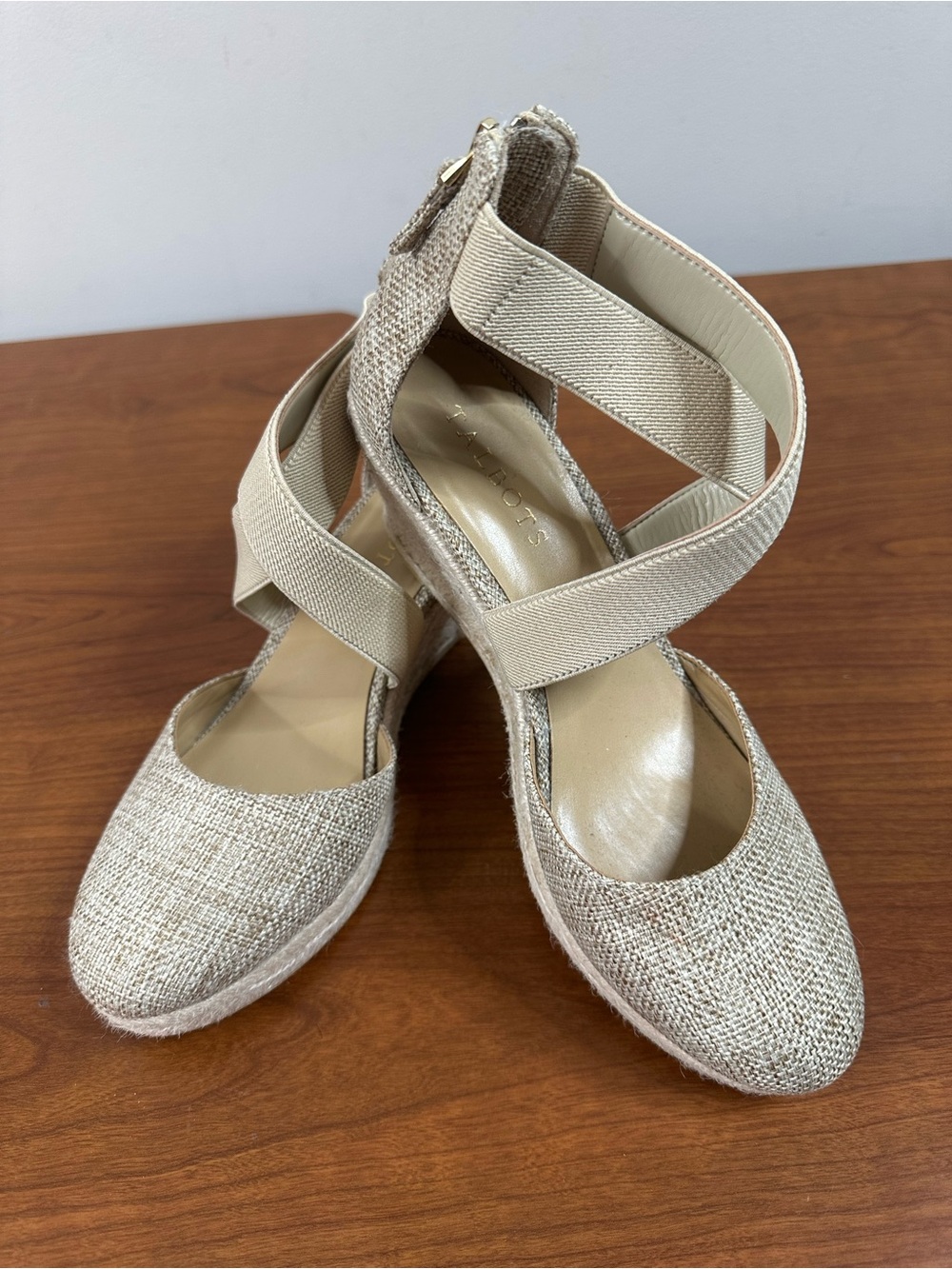 Talbots Beige Lyndsay Espadrille Linen Wedge Sandals with Crisscross Straps, 7.5